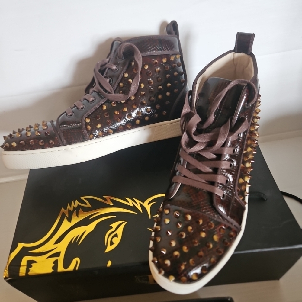 New Barocco LA Men's High-Top Sneakers Brown Leather Studded" - Picture 2 of 11